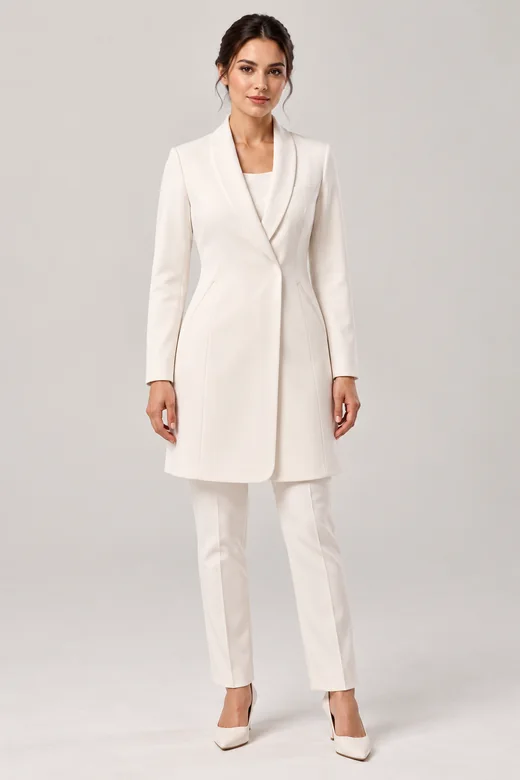 A woman wearing the Curva coat: a narrow shawl collar and a softly wrapped front in ivory white.